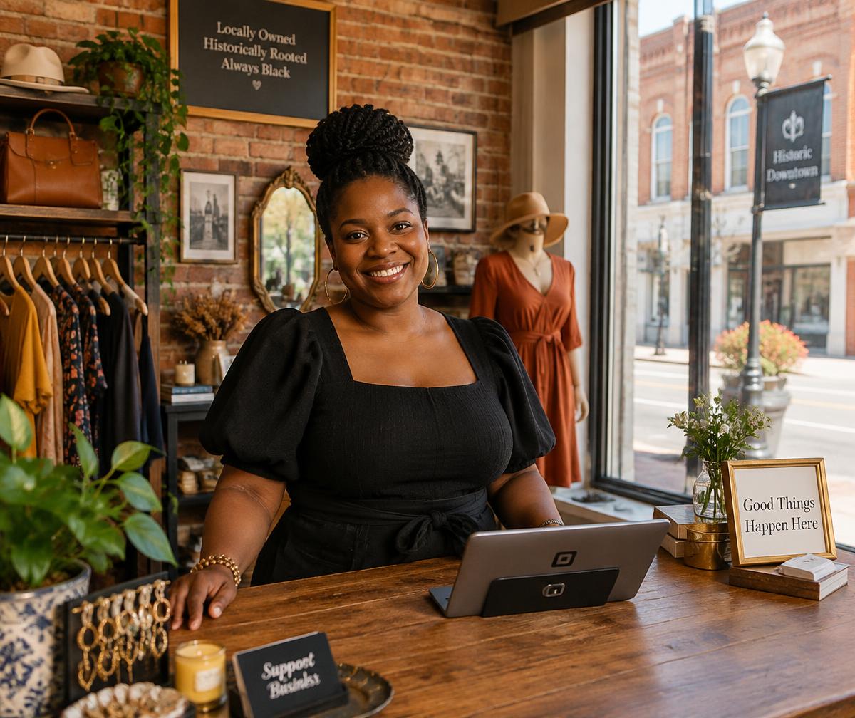 A Black woman business owner smiling in her downtown boutique